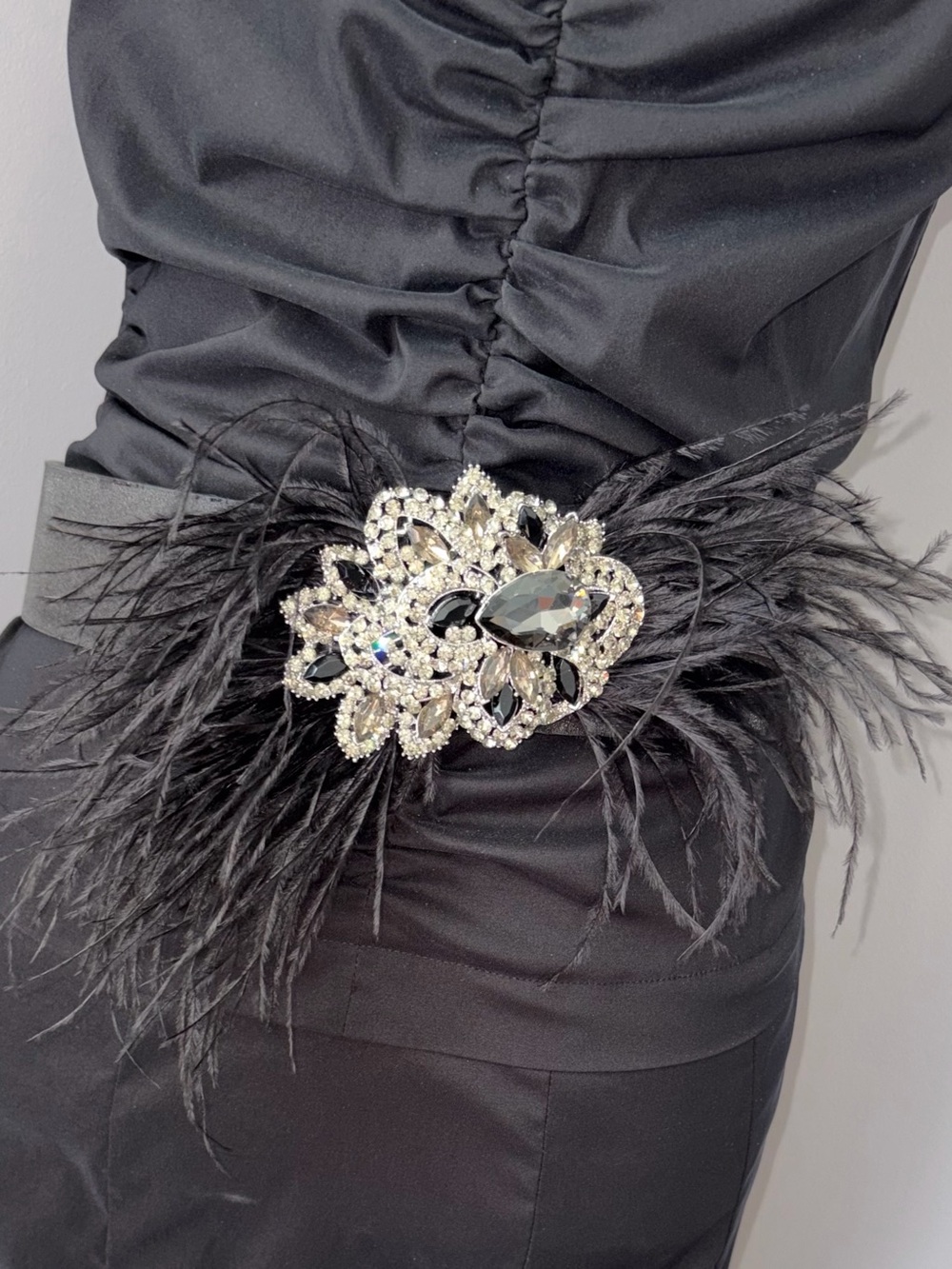 White House Black Market Black Feather Brooch with Crystal Accents